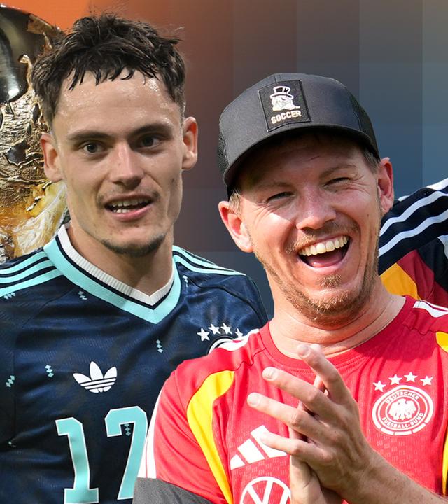 Vor dem WM-Pokal sind Florian Wirtz, Julian Nagelsmann und Deniz Undav abgebildet