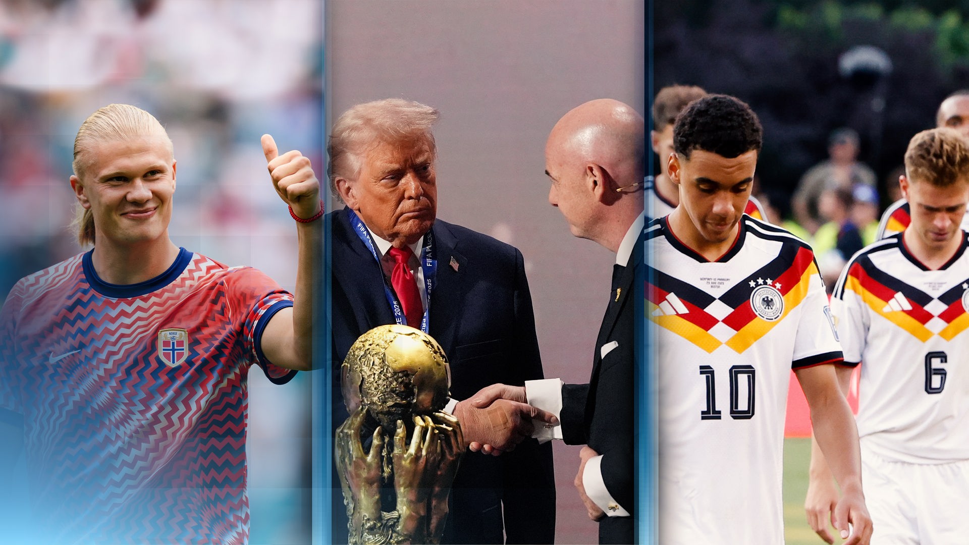 Haaland, Trump & Infantino und Jamal Musiala und Joshua Kimmich nebeneinander in drei Abschnitten