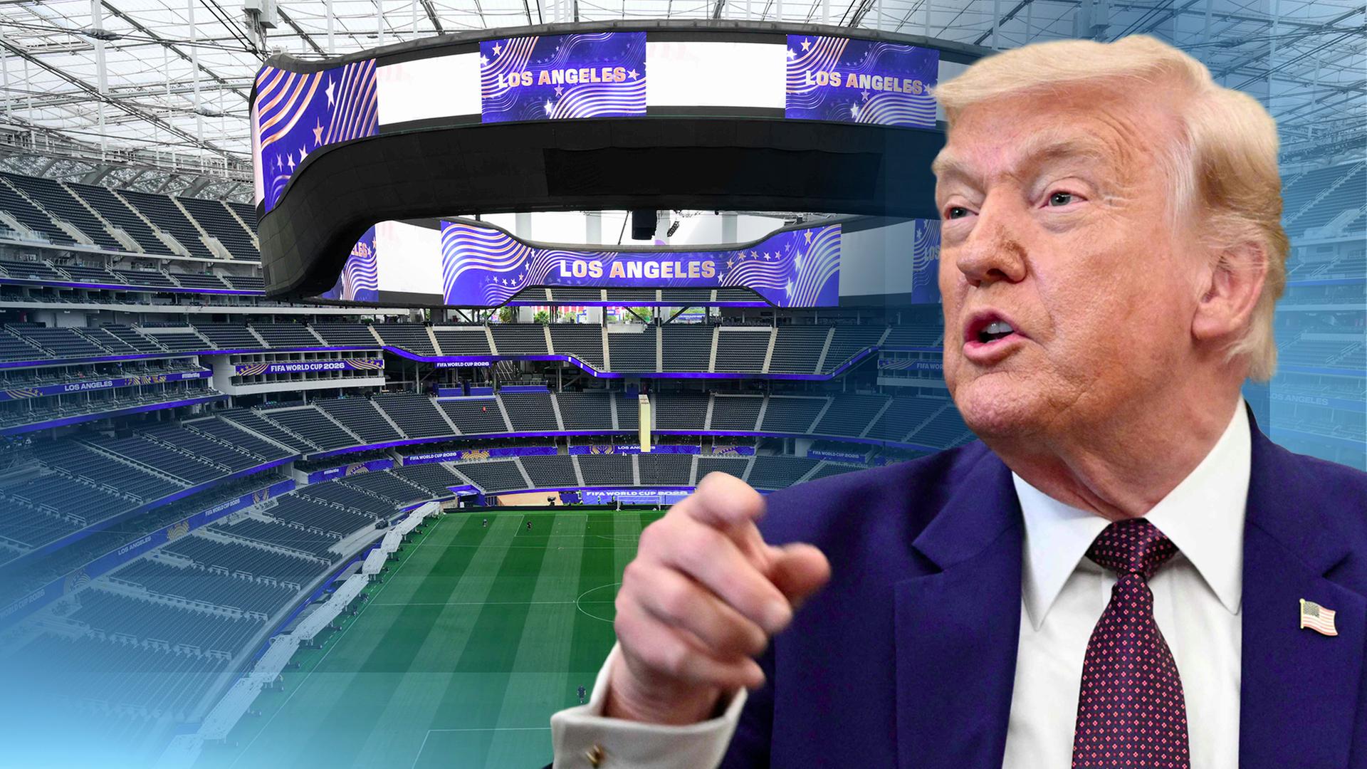 Auf dem Bild sieht man rechts im Vordergrund Trump und im Hintergdung sieht man ein Fußballstadion. Auf mehreren Bildschirmen ist die Aufschrift "Los Angeles" zu sehen.