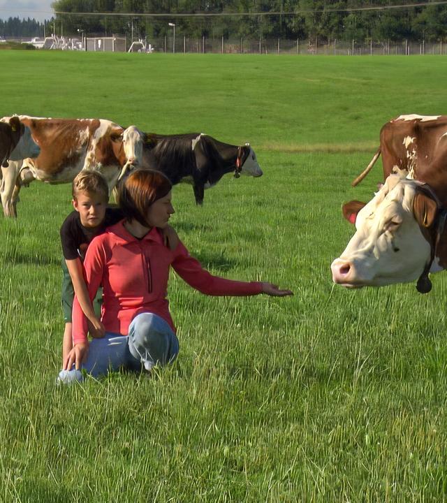 Eine Frau mit einem Kind auf dem Rücken kniet auf einer Wiese und streckt die Hand zu einer Kuh aus. Im Hintergrund sind weitere Kühe zu sehen.