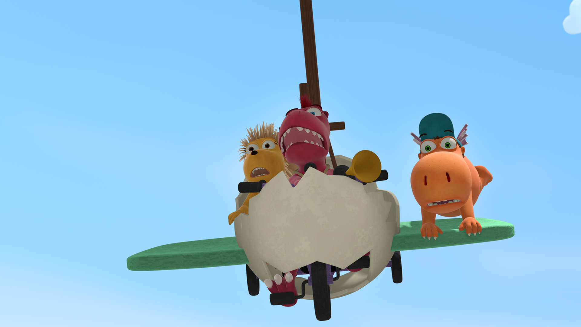 Matilda, Oskar und Kokosnuss sitzen in einer Flugmaschine und fliegen. Sie sehen ängstlich aus.