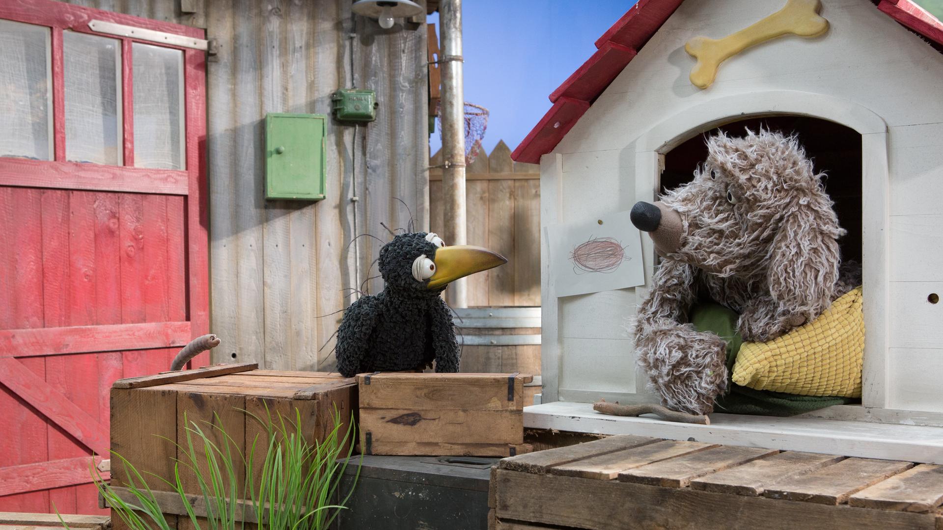 Rabe Rudi und Hund Buffo schauen sich vor Buffos Hundehütte an.