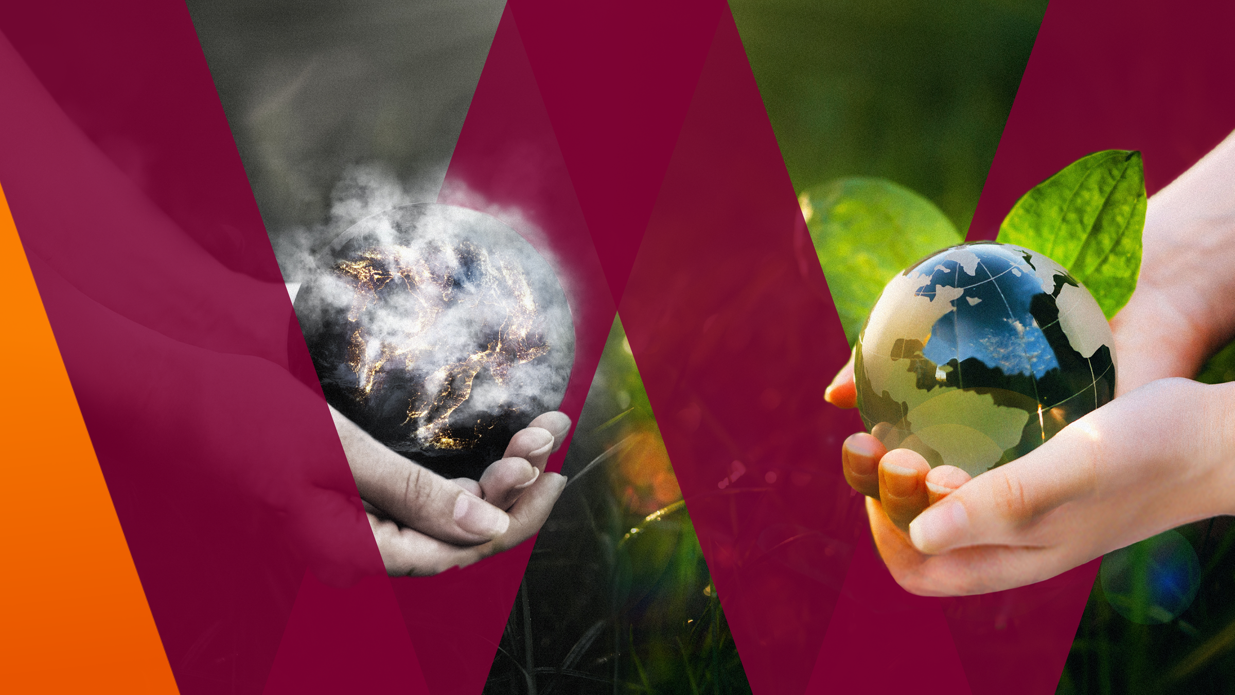 Eine Hand hält eine rauchende, verbrauchte Erdkugel. Eine andere Hand hält eine gesunde Erdkugel mit einem grünen Blatt.