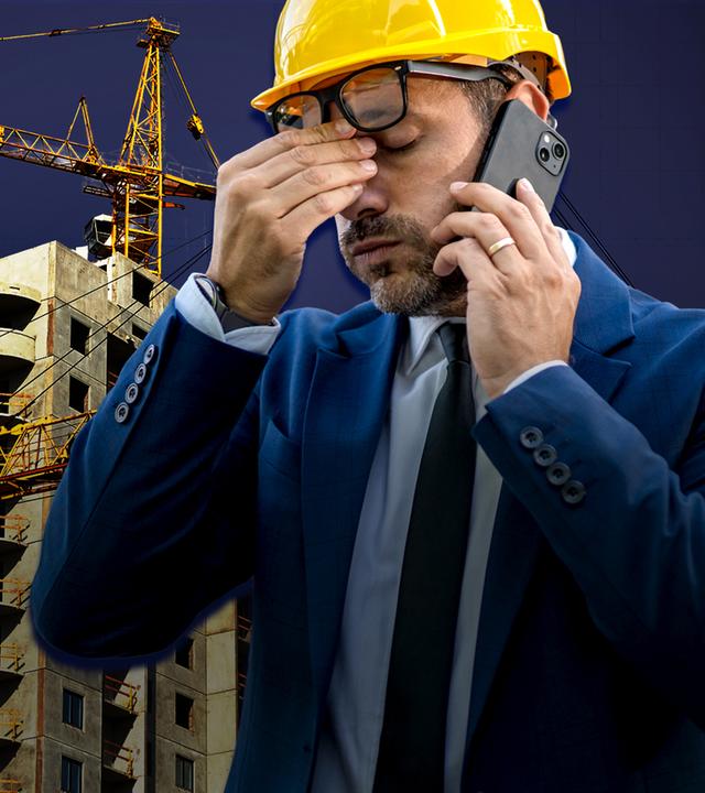 Ein Mann im Anzug trägt einen Bauhelm und telefoniert mit dem Smartphone vor einer Baustelle.