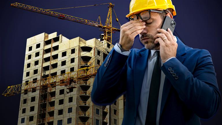 Ein Mann im Anzug trägt einen Bauhelm und telefoniert mit dem Smartphone vor einer Baustelle.