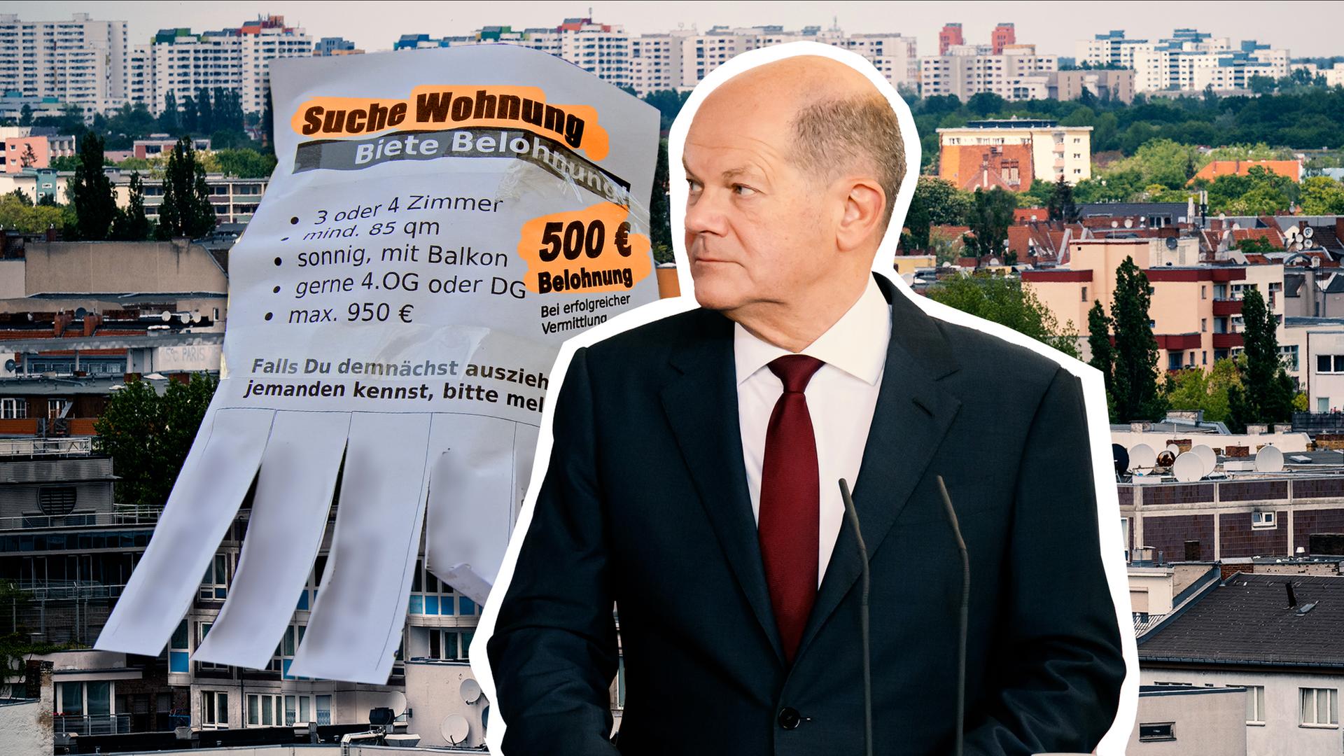 Bundeskanzler Olaf Scholz neben einem Wohnungsgesuch, auf dem 500 Euro Belohnung geboten werden. Im Hintergrund eine Stadt. 