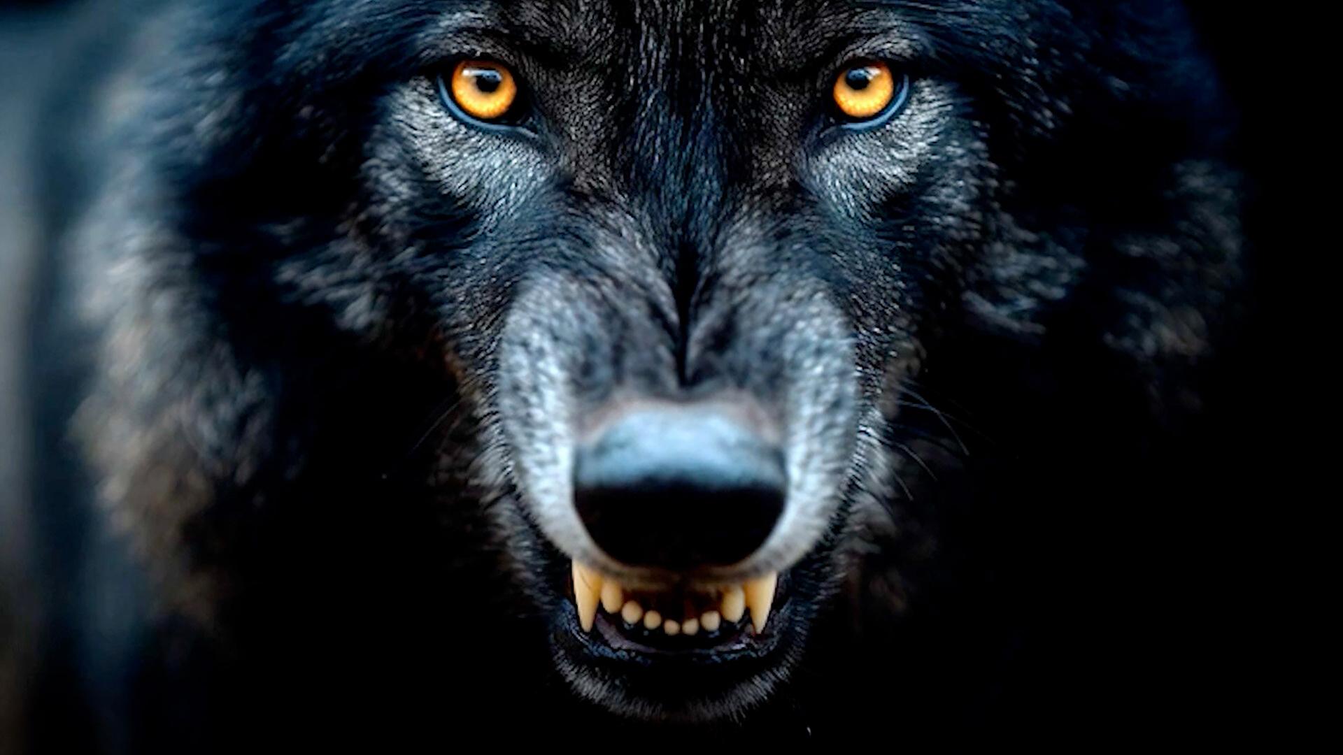 Ein nahes frontales schwarzes Wolfsgesicht mit gelben Augen