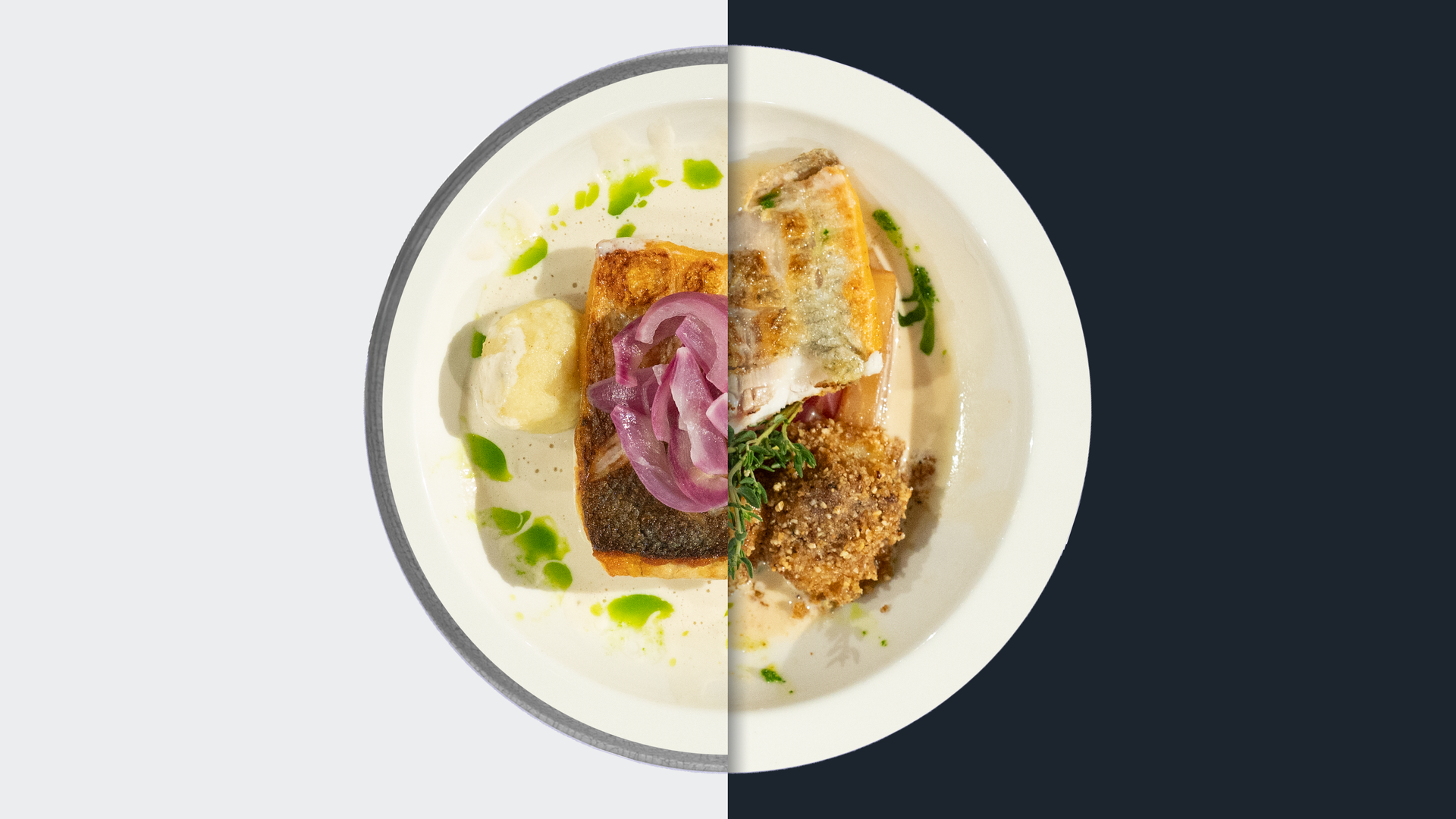 Wolfsbarsch mit Speckschaum, geschmorter Halmrübe, Kartoffelbällchen und Schnittlauch-Öl 