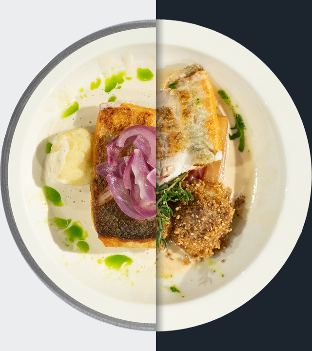 Wolfsbarsch mit Speckschaum, geschmorter Halmrübe, Kartoffelbällchen und Schnittlauch-Öl 