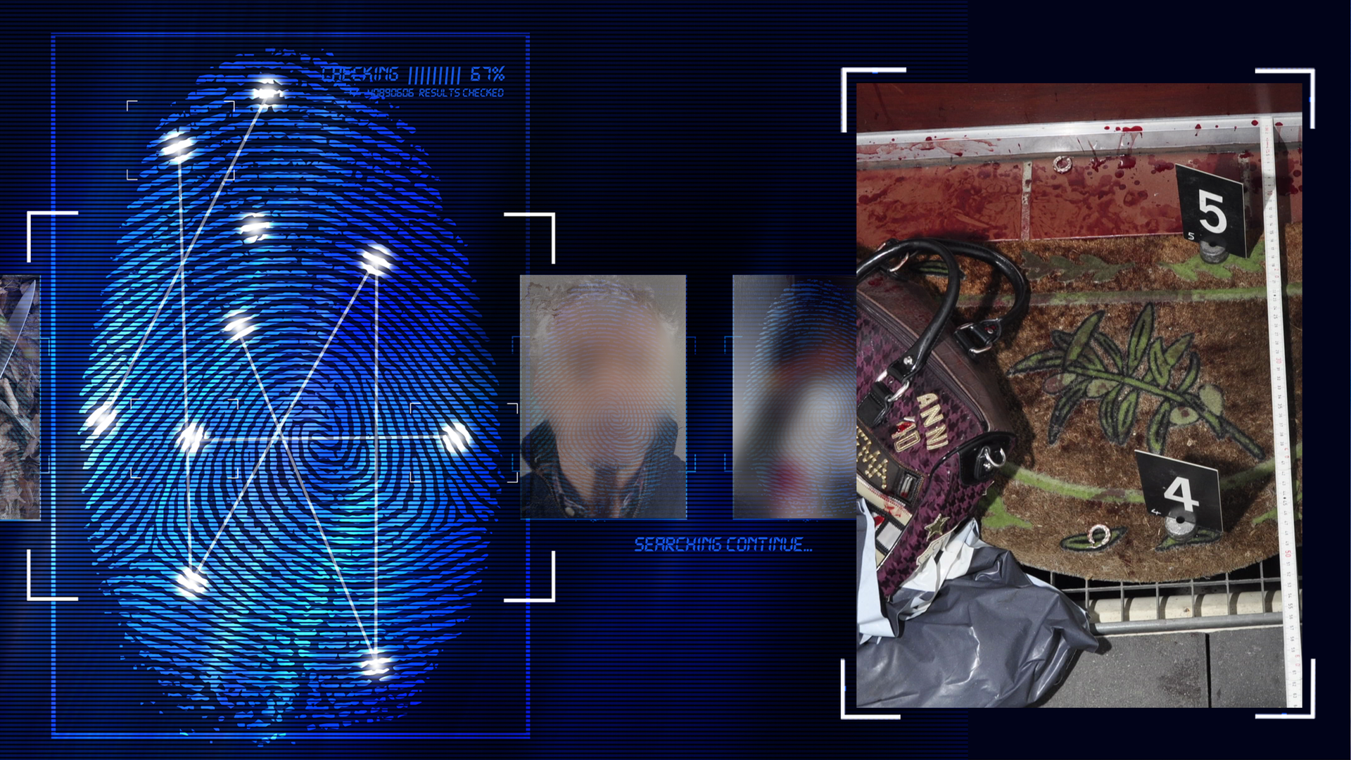 Bild aus der Akte der Polizei. Spurensicherung in einem Blumenbeet. Blutverschmierte Mauer. Markierungsschilder der Kriminaltechnik in schwarz mit den in weiß aufgedruckten Ziffern 4 und 5. Links daneben: Lichtschematische Darstellung eines Fingerabdrucks.