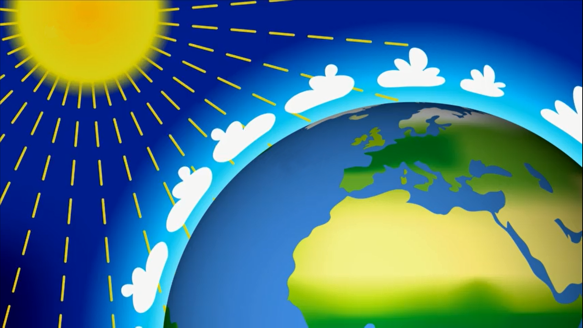 Standbild aus einem Trickfilm: Die Sonne scheint auf die Erdkugel. Zwischen Sonne und Erde sind einzelne Wolken zu sehen.