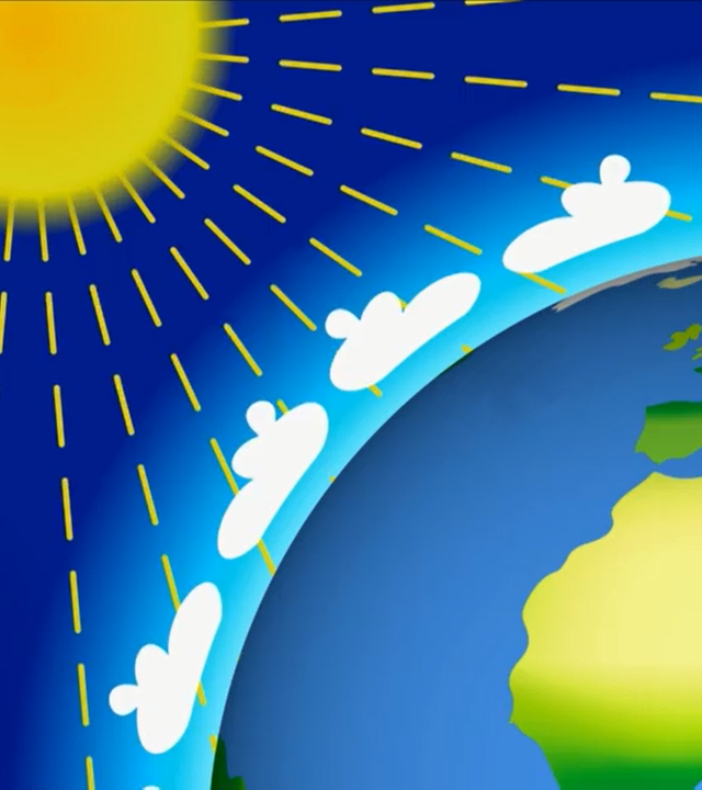 Standbild aus einem Trickfilm: Die Sonne scheint auf die Erdkugel. Zwischen Sonne und Erde sind einzelne Wolken zu sehen.