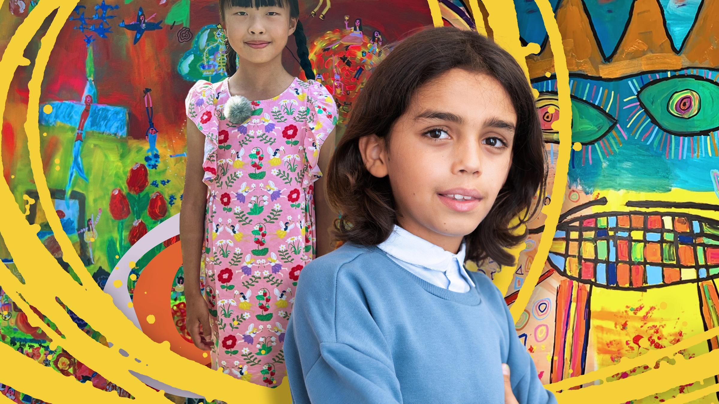 Nahaufnahmen eines Jungen mit schulterlangem Haar und eines Mädchen mit langen Zöpfen und buntgemustertem Kleid in eine Montage aus Kinderzeichnungen.
