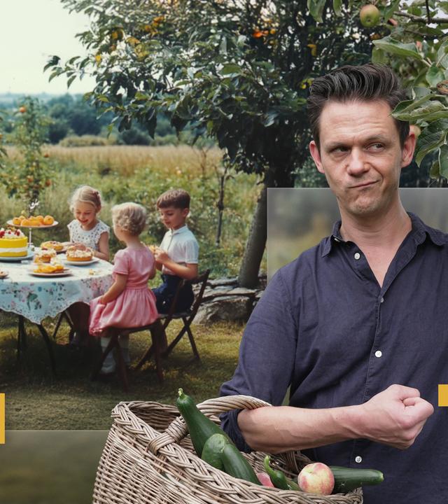 Jo Schück mit Apfelkorb und Familie am Gartentisch in grüner Idylle