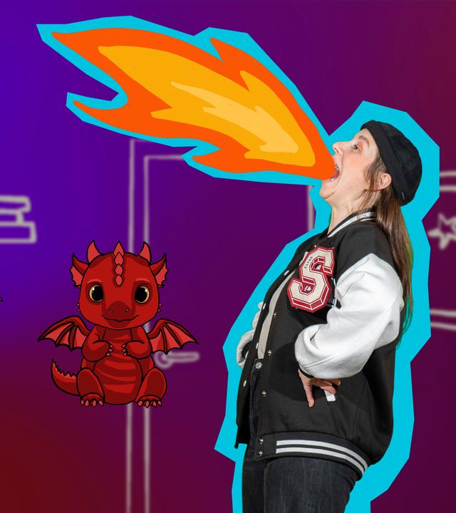 Senta schaut zur linken Seite. Aus ihrem Weit geöffneten Mund kommt eine große Flamme. Der Hintergrund ist Lila-blau. Außerdem sind drei Drachen neben Phela zu sehen.