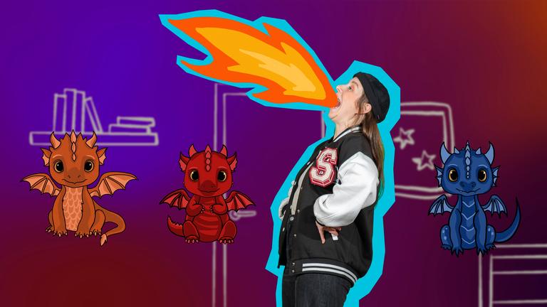 Senta schaut zur linken Seite. Aus ihrem Weit geöffneten Mund kommt eine große Flamme. Der Hintergrund ist Lila-blau. Außerdem sind drei Drachen neben Phela zu sehen.
