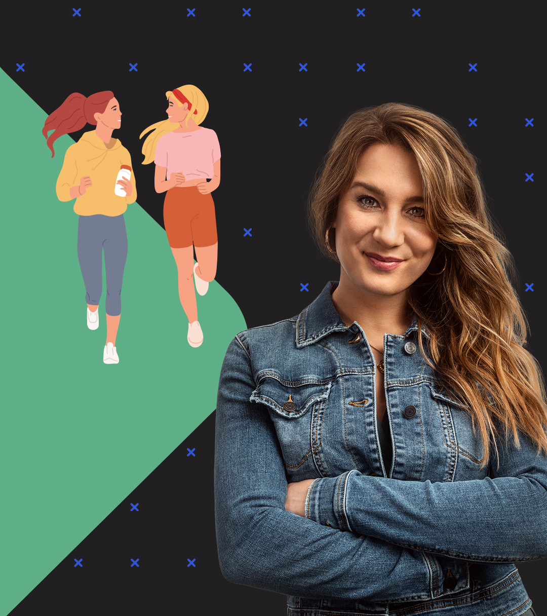 Jasmina Neudecker steht vor einer Grafik, auf der zwei joggende Frauen zu sehen sind, die sich miteinander unterhalten: beste Freundinnen?