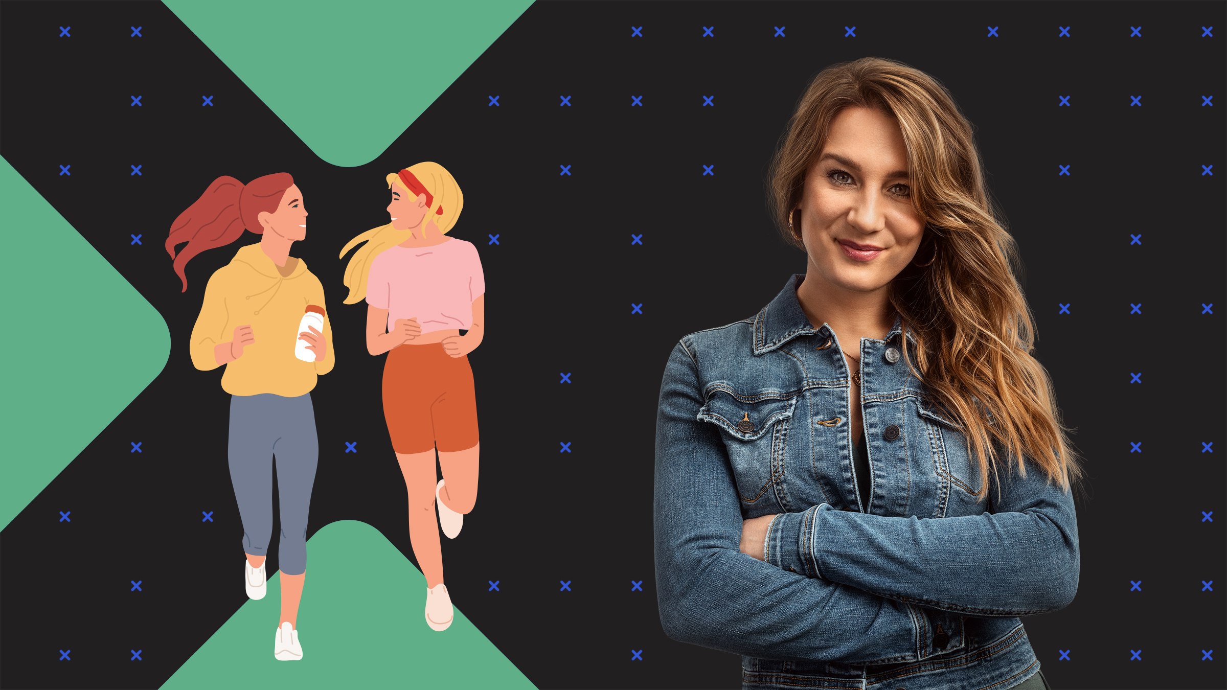 Jasmina Neudecker steht vor einer Grafik, auf der zwei joggende Frauen zu sehen sind, die sich miteinander unterhalten: beste Freundinnen?