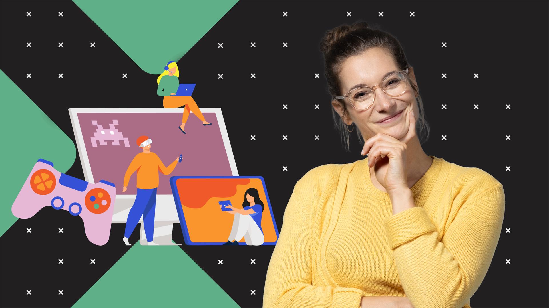 Lisa Budzinski steht in spielerischer Pose vor einer Grafik, die ein Computerspiel, einen Controller, eine Person mit VR-Brille und weitere spielende Menschen zeigt.