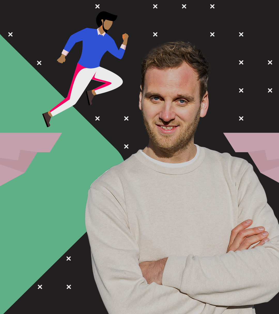 Psychologe Leon Windscheid steht vor einer Grafik, die einen Menschen zeigt, der schnell losrennt - übermütig?