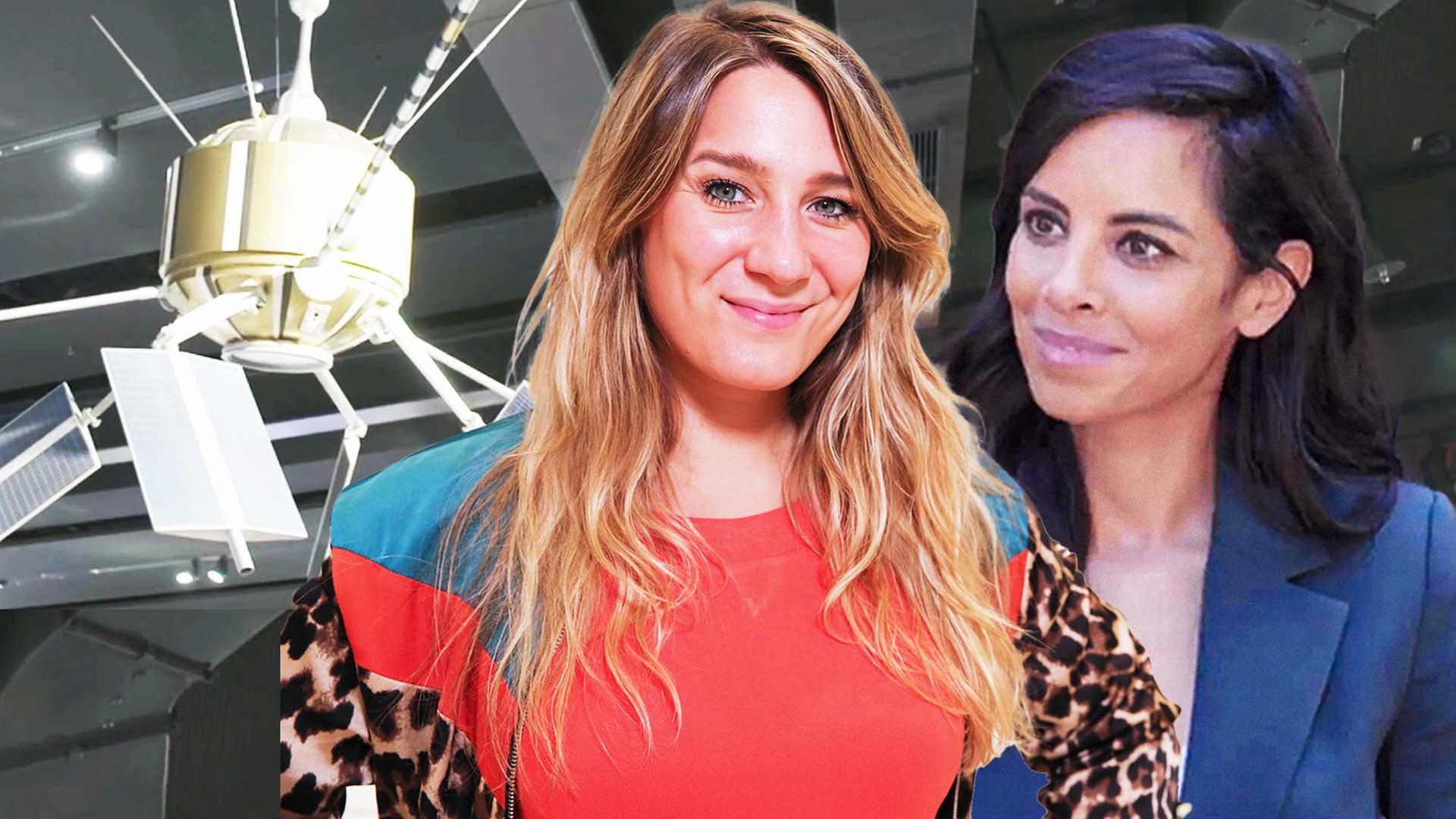 Montage: Die Reporterin in der Mitte lächelt in die Kamera. Rechts von ihr ist Collien Ulmen-Fernandes abgebildet, links ein Satellit.