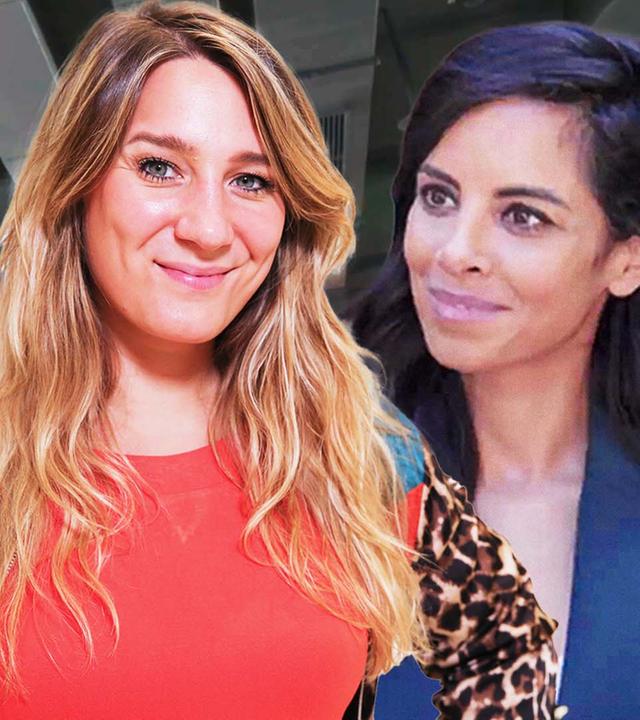 Montage: Die Reporterin in der Mitte lächelt in die Kamera. Rechts von ihr ist Collien Ulmen-Fernandes abgebildet, links ein Satellit.