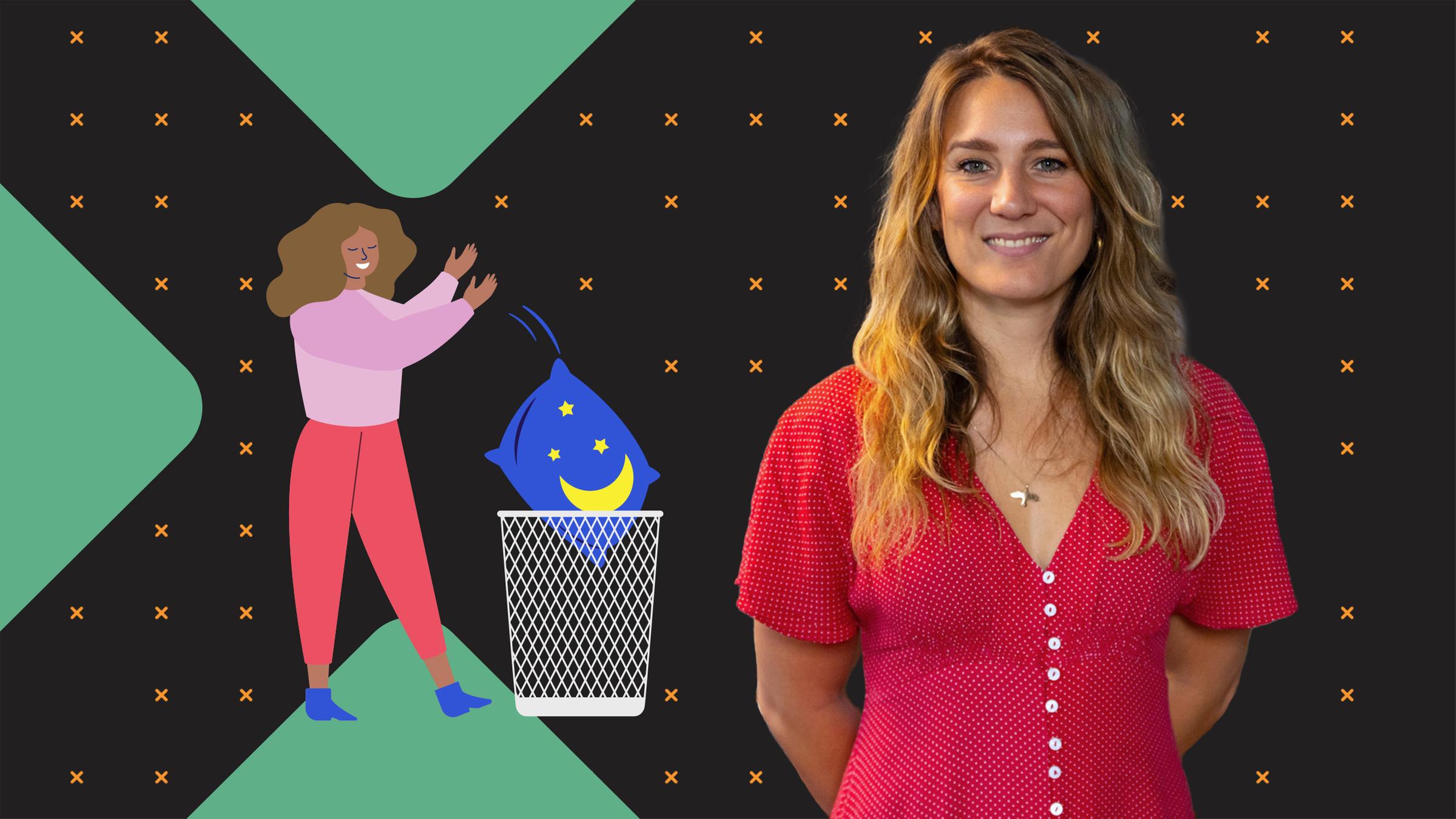 Biologin Jasmina Neudecker steht vor einer Grafik: Eine Frau wirft ein Kissen mit Mond und Sternen darauf in den Mülleimer: Offenbar will sie auf Schlaf verzichten.