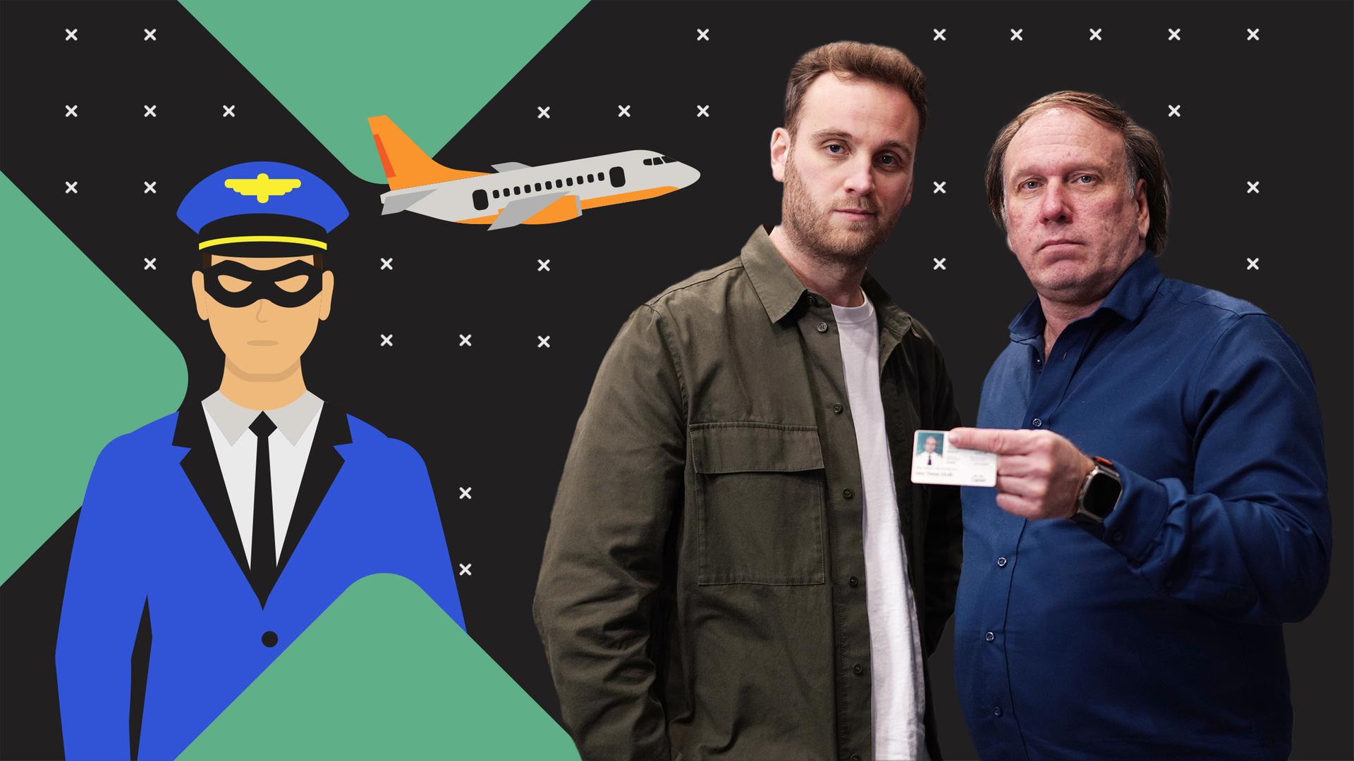 Leon Windscheid steht neben einem Mann, der einen Pass ins Bild zeigt. Dahinter sind ein Pilot in Pilotuniform und ein fliegendes Flugzeug abgebildet.