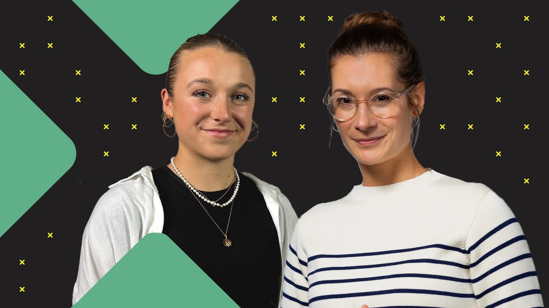 Moderatorin Lisa Budzinski und eine Protagonistin vor dem Terra-Xplore-Logo