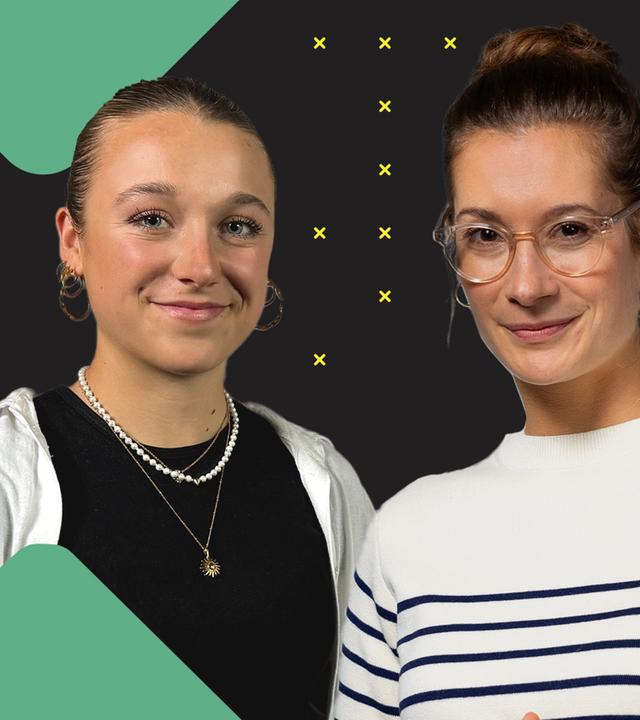 Moderatorin Lisa Budzinski und eine Protagonistin vor dem Terra-Xplore-Logo