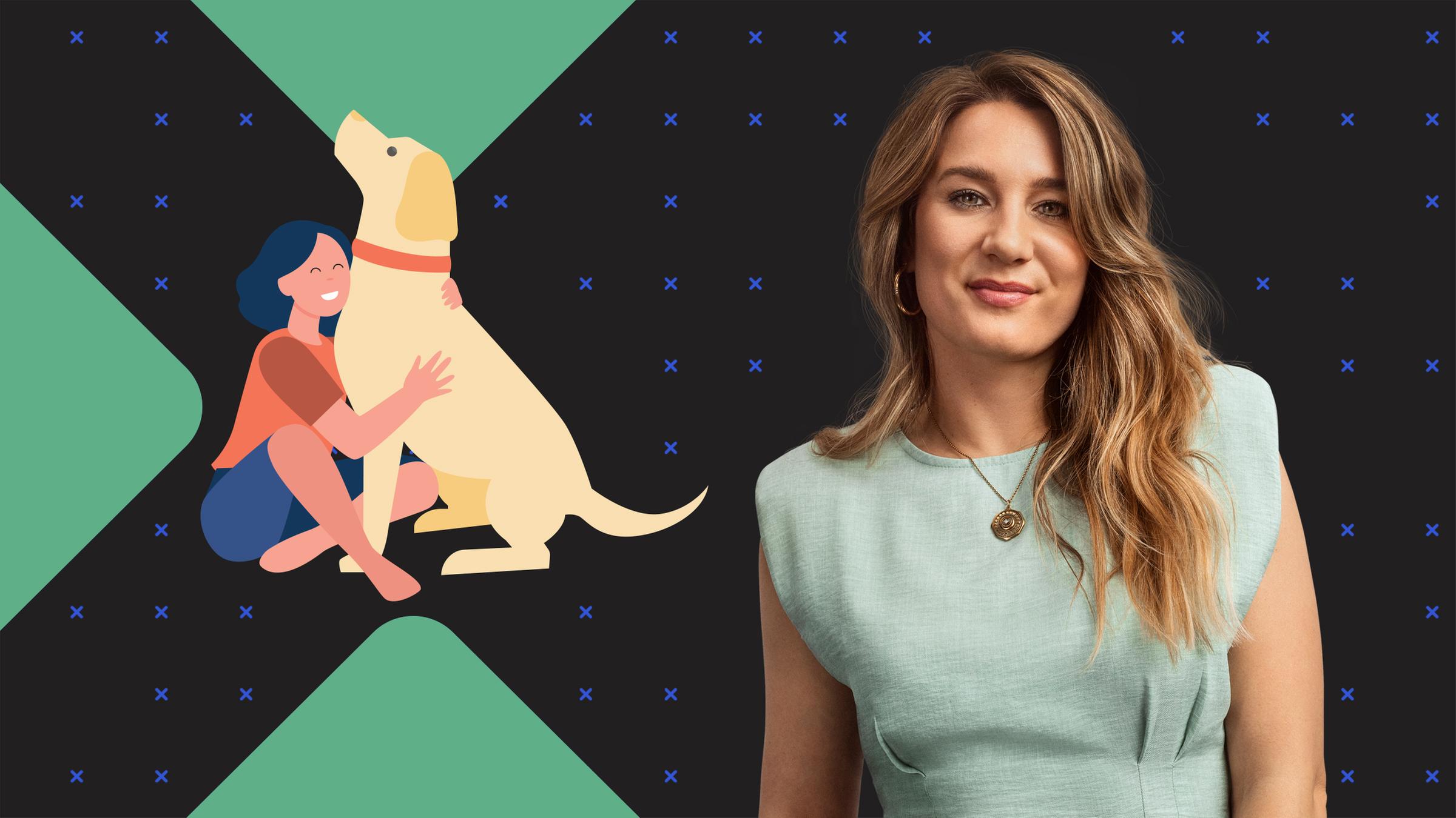 Jasmina Neudecker steht vor einer Grafik: Frau streichelt einen überdimensionalen Hund