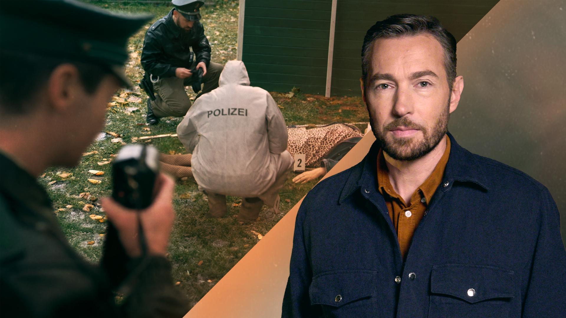 Fotomontage: Sven Voss rechts im Vordergrund. Im Hintergrund: Eine Frauenleiche liegt auf einer Wiese. Polizei und Spurensicherung untersuchen den Tatort.