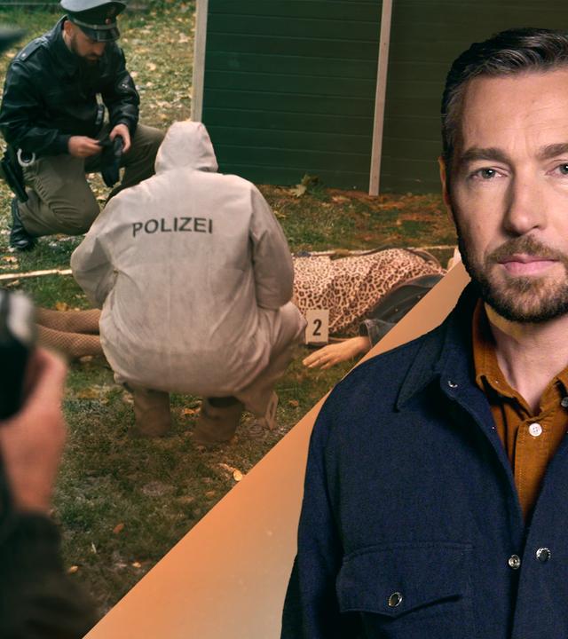 Fotomontage: Sven Voss rechts im Vordergrund. Im Hintergrund: Eine Frauenleiche liegt auf einer Wiese. Polizei und Spurensicherung untersuchen den Tatort.