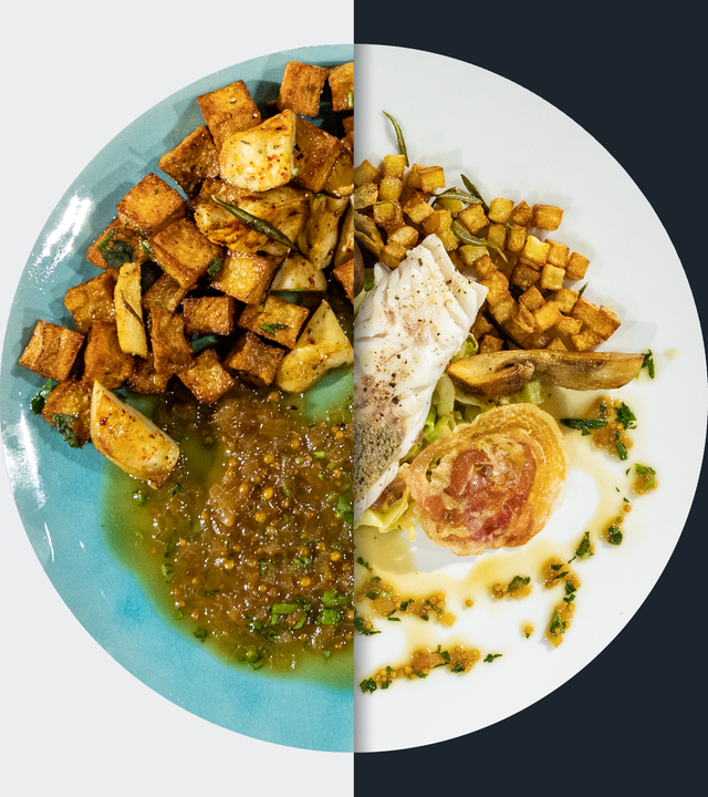 Auf der Haut gebratenes Zanderfilet mit Kartoffel-Würfeln