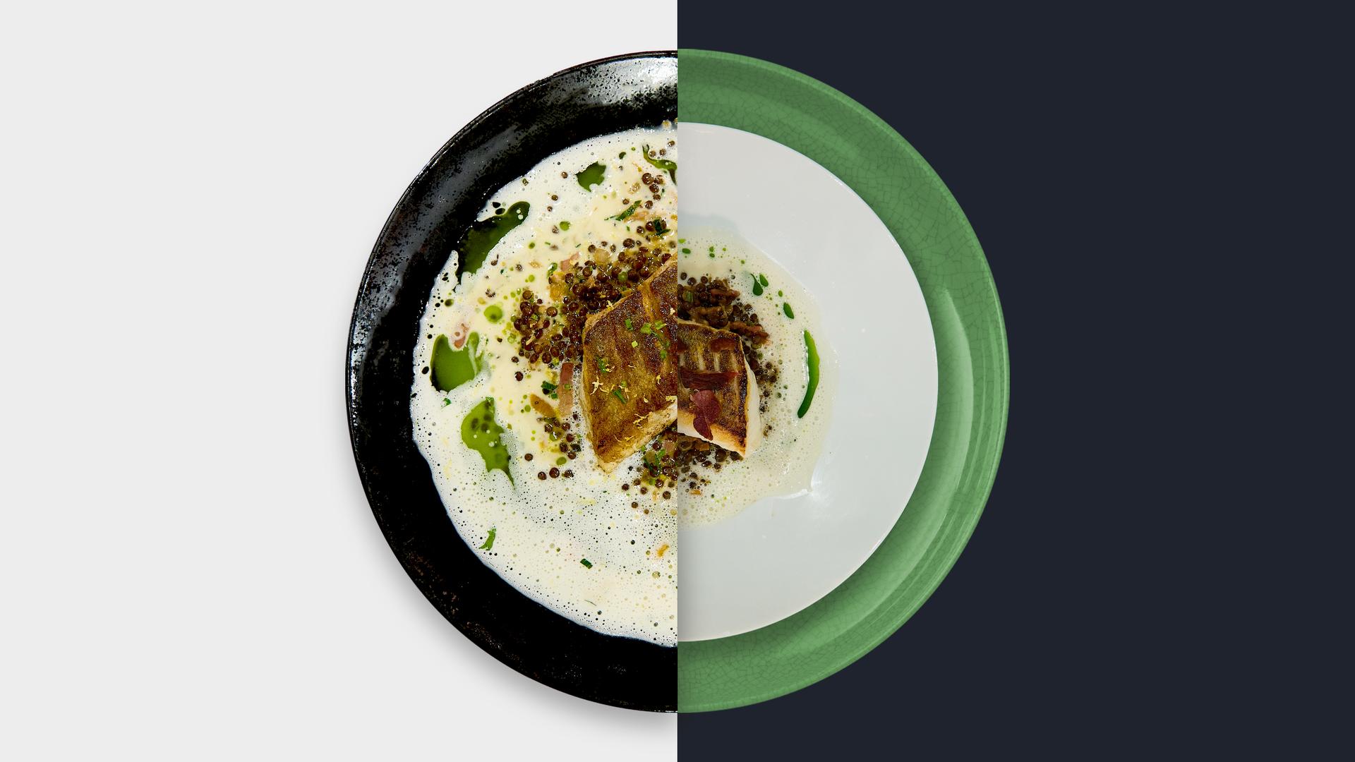 Zanderfilet mit Speck-Linsen, Kren-Velouté und Petersilien-Öl