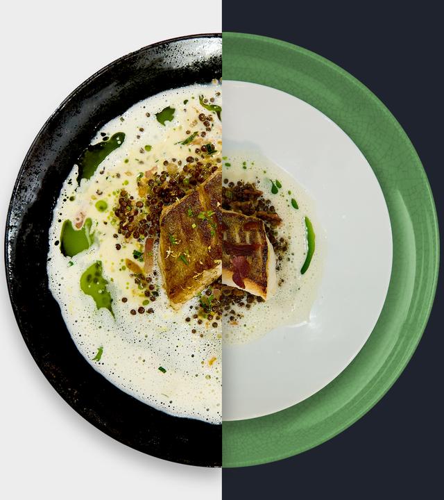 Zanderfilet mit Speck-Linsen, Kren-Velouté und Petersilien-Öl