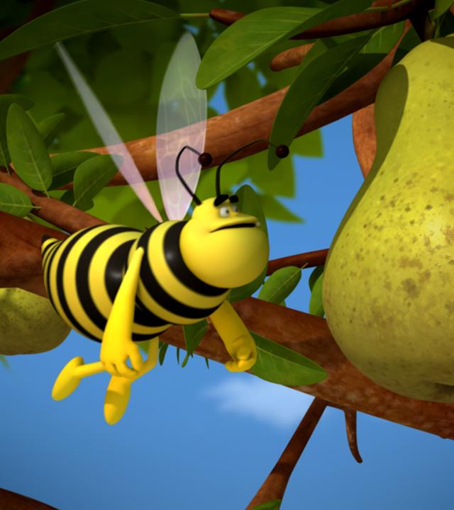 Maja versteckt sich hinter der Birne vor einer Wespe.