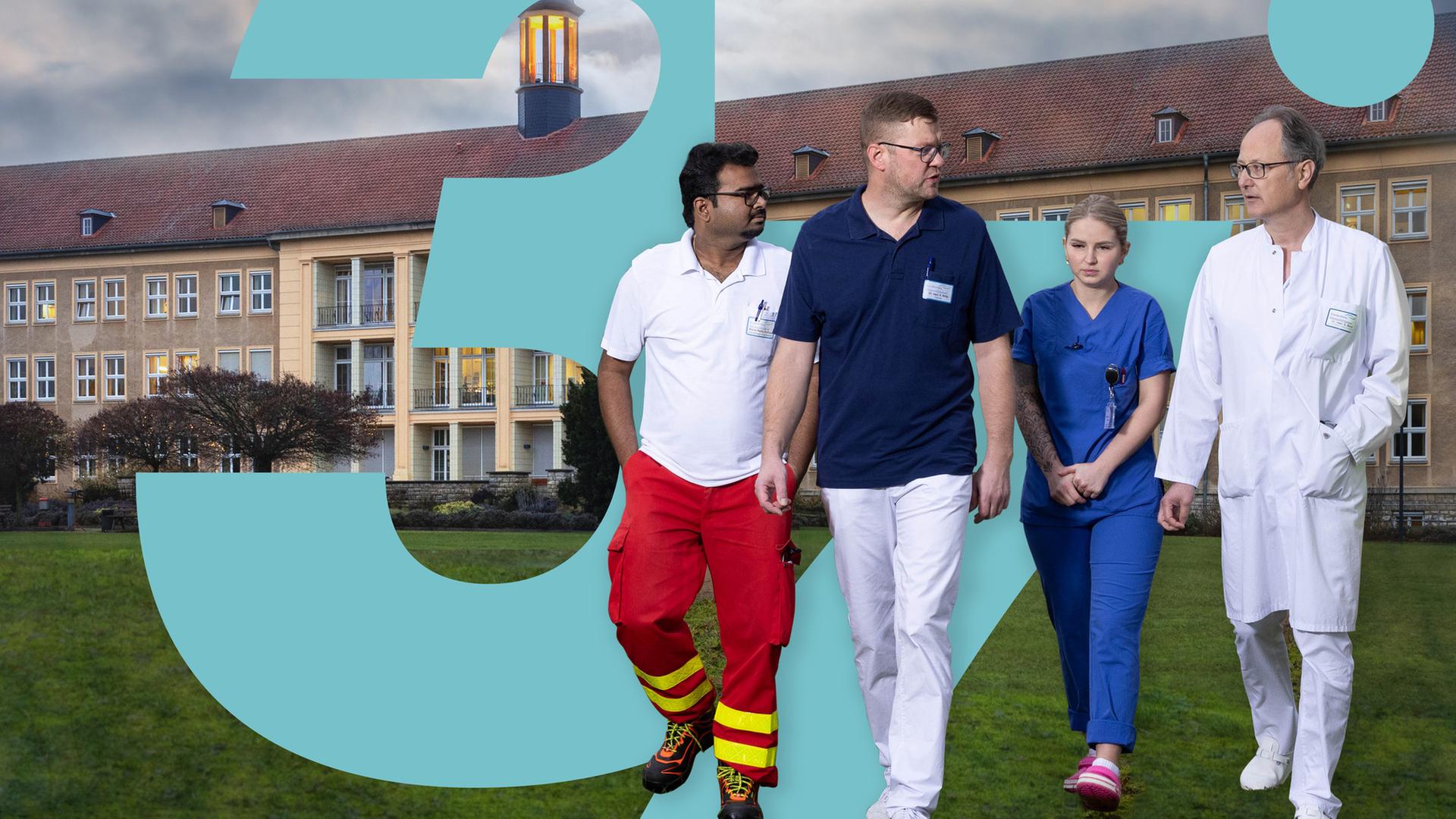 "37°: Die Landklinik: Patient Krankenhaus": Montage: Vier Menschen in medizinischer Kleidung stehen auf einer Wiese vor einem beigefarbenen Krankenhausgebäude: Anoop Puritipati (35, Assistenzarzt), Kai Wilke (42, Orthopäde und Unfallchirurg), Janina Buhe (24, Krankenpflegerin), Georg Bauer (58, Chefarzt). Zwischen den Personen und dem Krankenhaus liegt das Sendungslogo.