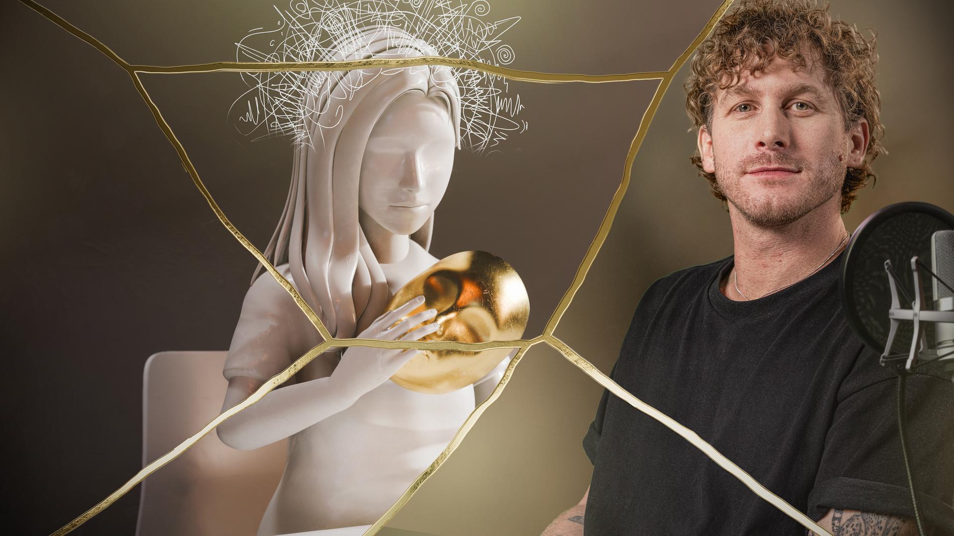 "RE:TURN: ADHS als Gamechanger - Wie aus Schwäche Stärke wird": Montage: Eine virtuelle Animation der Sprinterin Catia Gubelmann liegt neben einer Porträtaufnahme von Malte Zierden. Über die Abbildungen verlaufen goldfarbene dünne Linien.