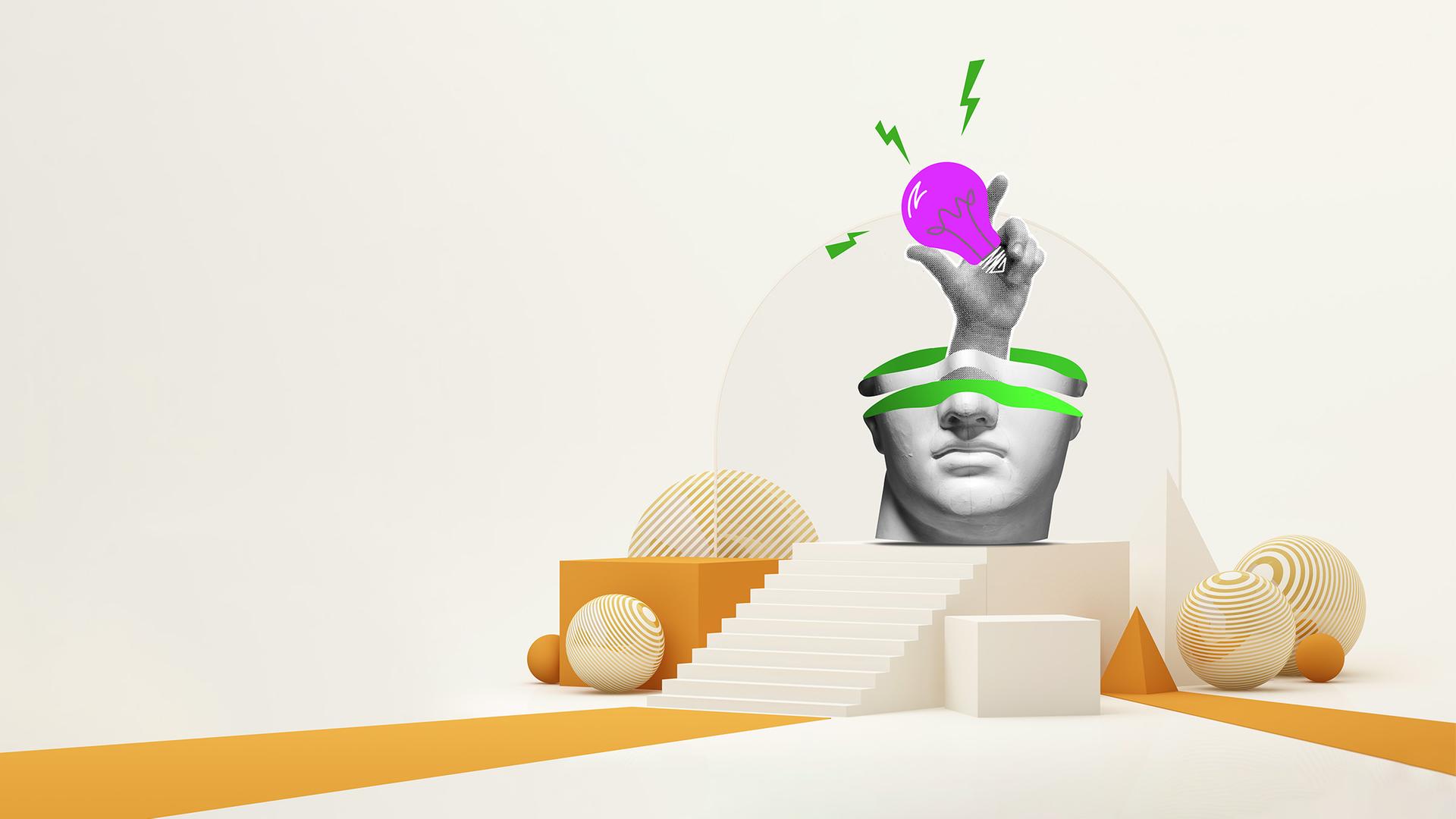 Grafische Darstellung eines halben antiken Kopfes auf einem Podest, aus dem eine lila Glühlampe steigt 