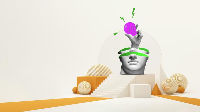 Grafische Darstellung eines halben antiken Kopfes auf einem Podest, aus dem eine lila Glühlampe steigt 