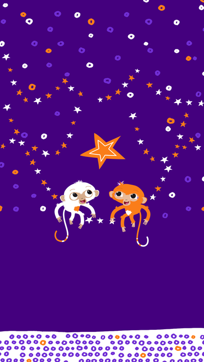 Die ZDFchen Milo und Mo sitzen unter einem großen orangen Stern auf einer Schaukel aus Sternchen