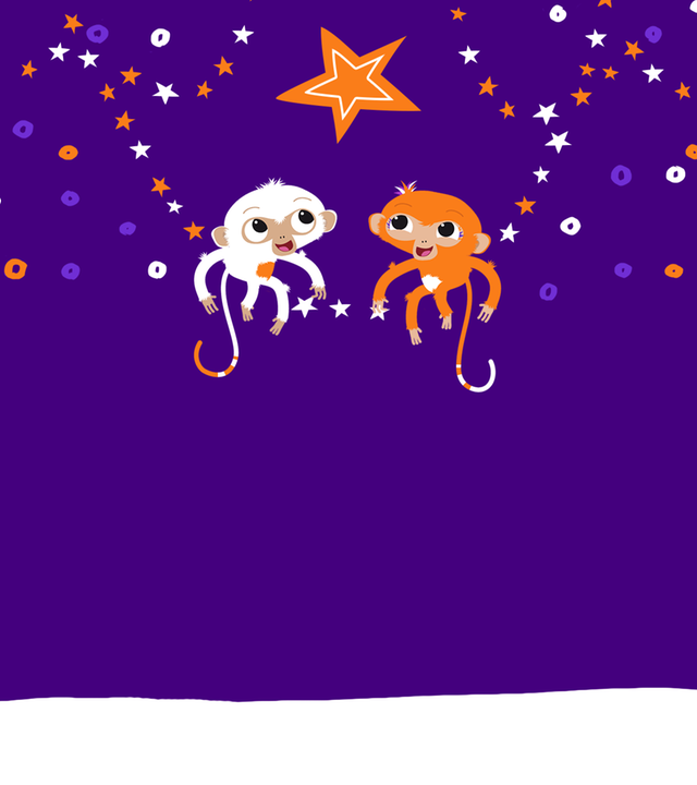 Die ZDFchen Milo und Mo sitzen unter einem großen orangen Stern auf einer Schaukel aus Sternchen