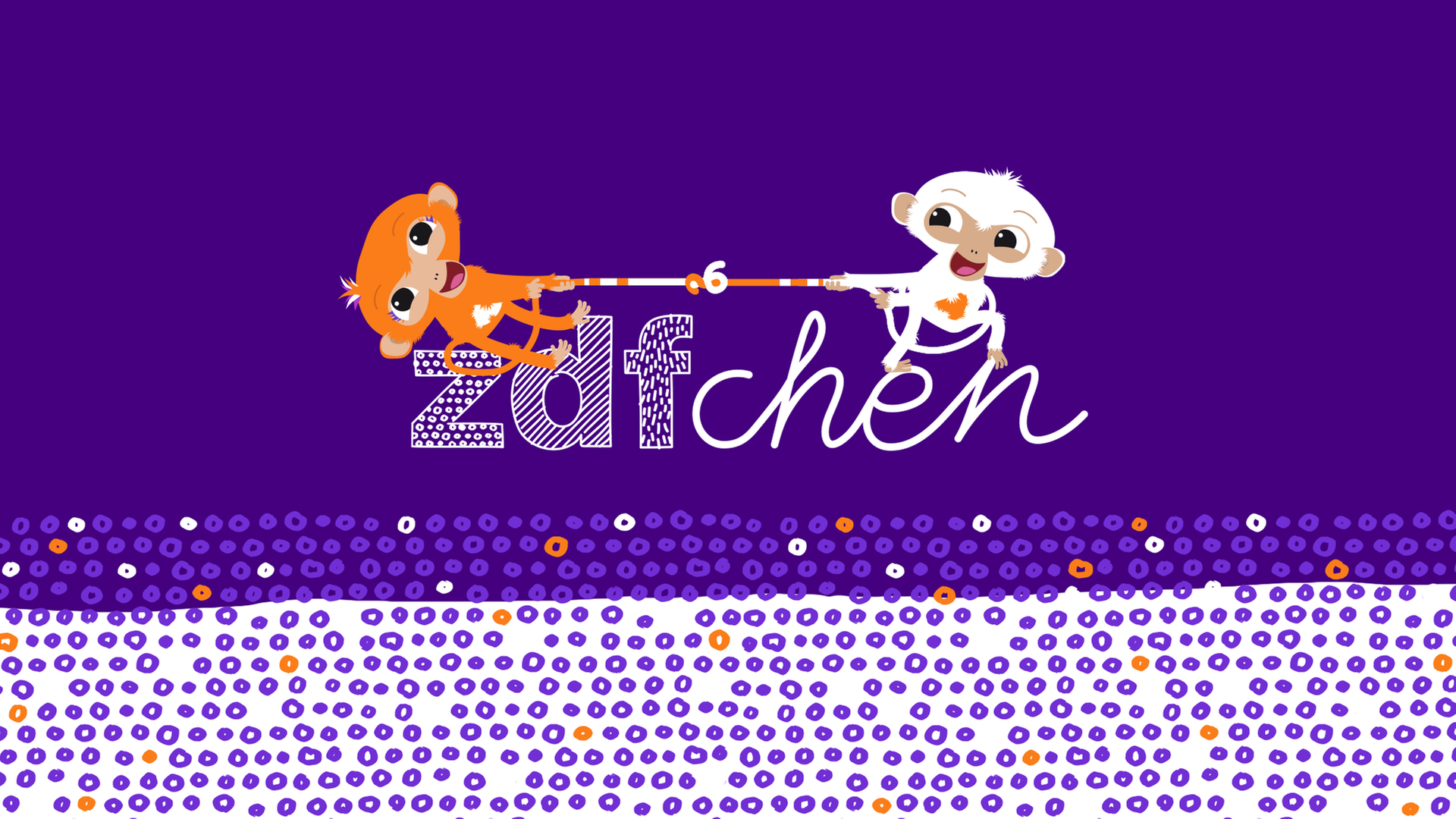 Die ZDFchen Milo und Mo sitzen auf dem ZDFchen-Logo und spielen Tauziehen mit ihren verknoteten Schwänzen