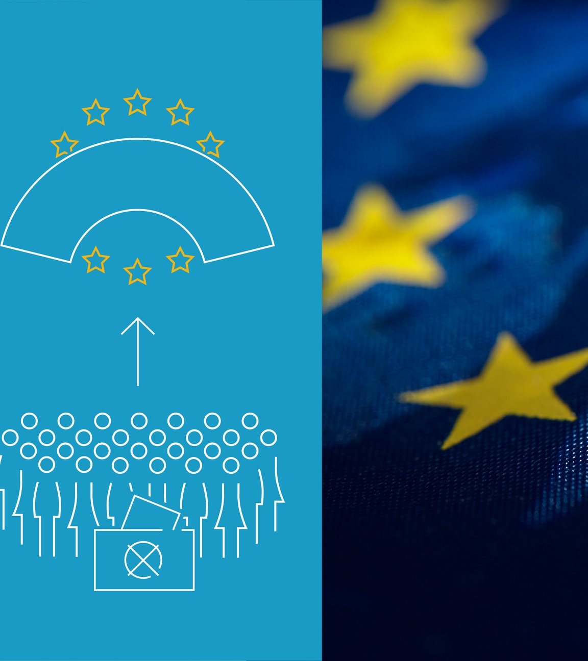 Pictogramm Menschen und EU-Parlament und Foto EU-Flagge