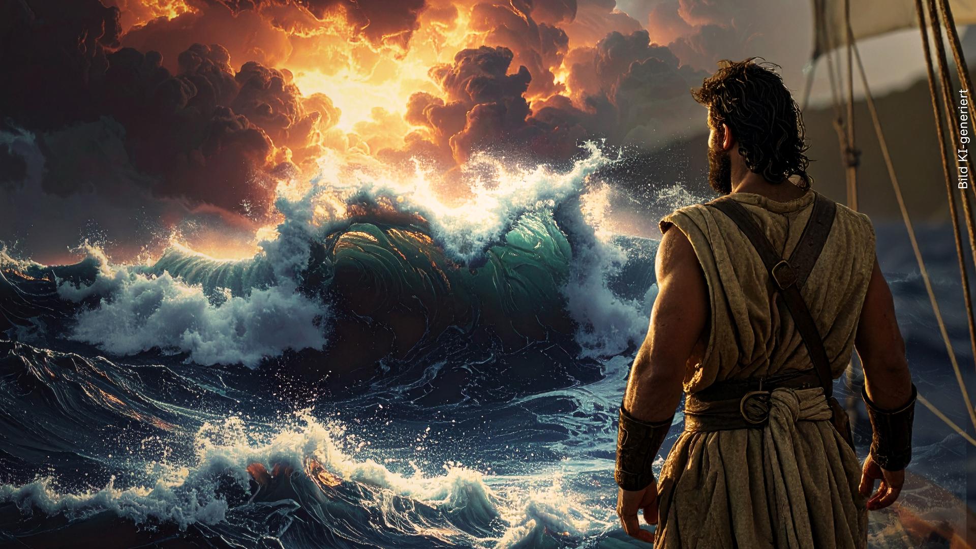 Rechts Odysseus von hinten, auf seinem Schiff stehend, auf das Meer blickend. KI-generiert.