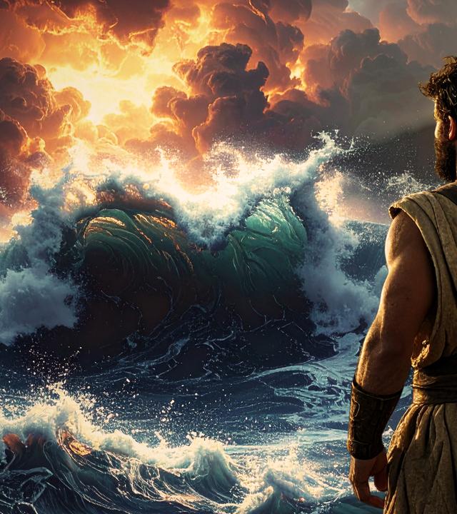 Rechts Odysseus von hinten, auf seinem Schiff stehend, auf das Meer blickend. Im Hintergrund