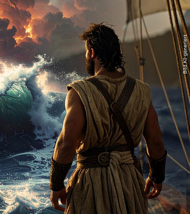Rechts Odysseus von hinten, auf seinem Schiff stehend, auf das Meer blickend. KI-generiert.
