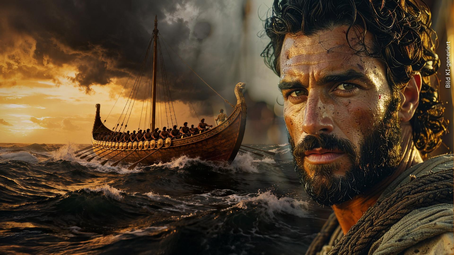 Rechts befindet sich eine Nahaufnahme von Odysseus mit entschlossenem Blick, links ein Schiff mit Besatzung, das über Wellen fährt.