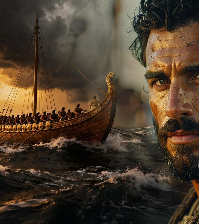 Rechts befindet sich eine Nahaufnahme von Odysseus mit entschlossenem Blick, links ein Schiff mit Besatzung, das über Wellen fährt.